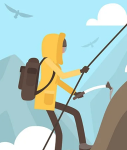 cartoon of person climbing mountain