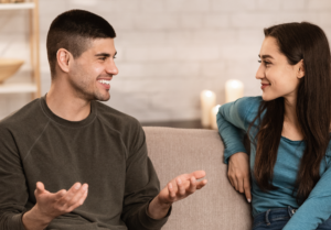 couple talking and smiling