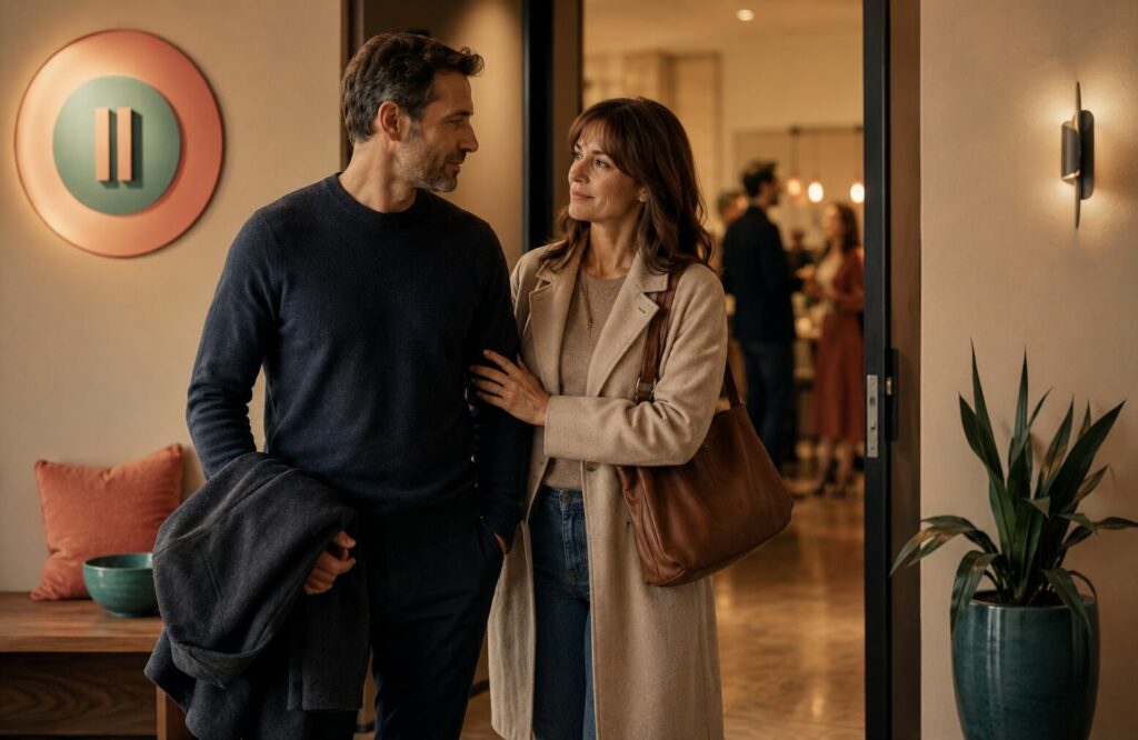 Couple pausing together at the entrance of a discreet social gathering, showing that participation in swinging should be voluntary