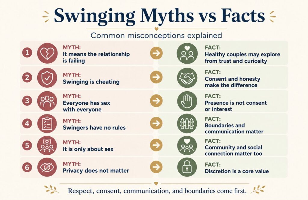 Infographic comparing common swinging myths with facts about consent, trust, boundaries, and discretion
