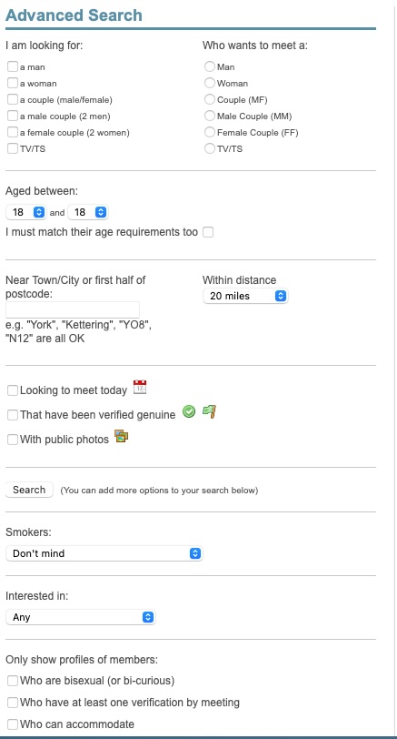 FabSwingers advanced search form with filters for age, location, distance and verified profiles