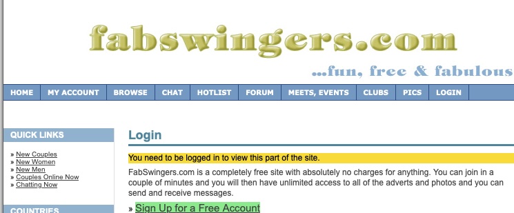FabSwingers homepage header and menu with Browse, Chat, Forum, Meets, Clubs and Login