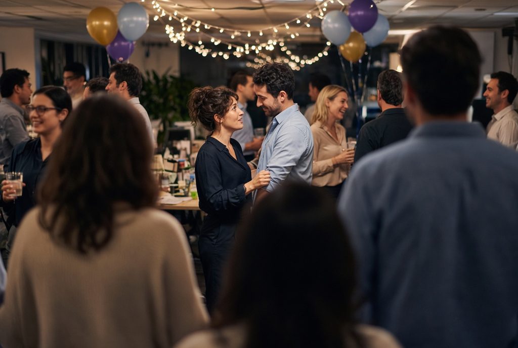 office party with one swingers couple as a center figure while other colleagues are around, showing the negative effects of swinging 