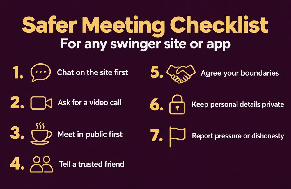 Safer meeting checklist for swinger sites: chat first, video call, meet in public, tell a friend, agree boundaries, keep details private, report pressure