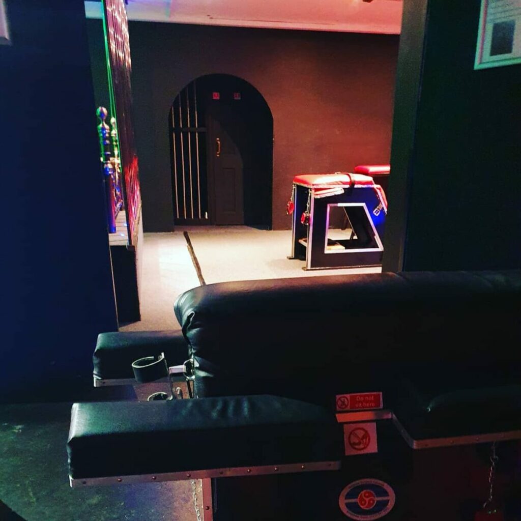 dungeon in swingers club Hellfire with equipment, table torture room