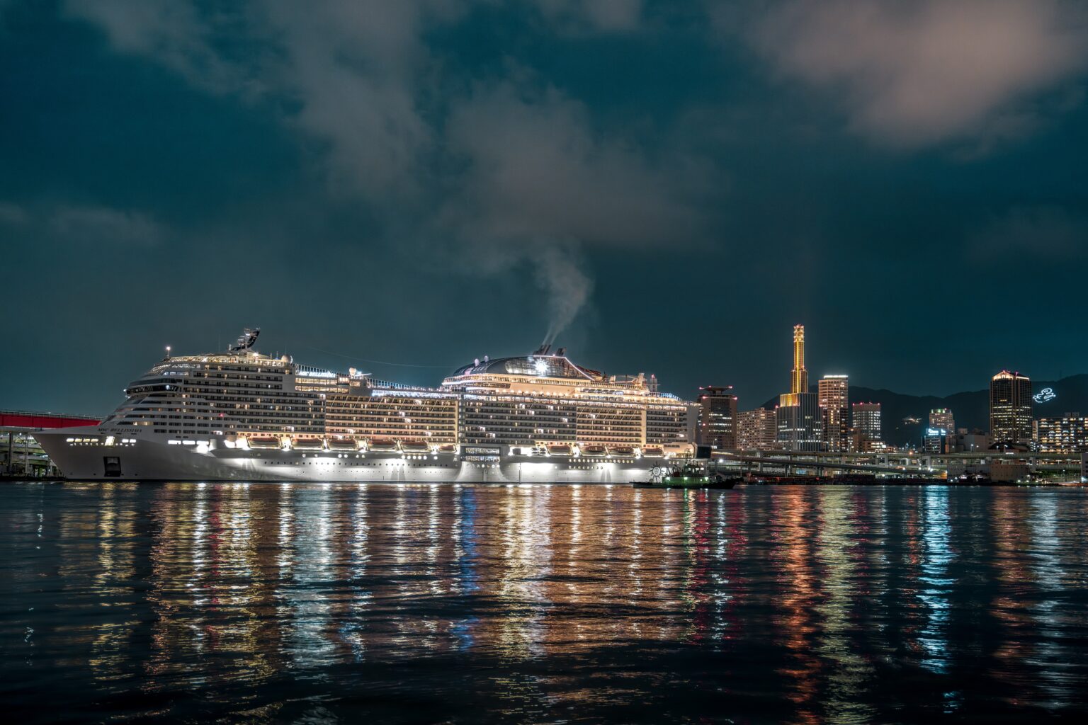 a cruise ship in the port during the night for swingers cruise