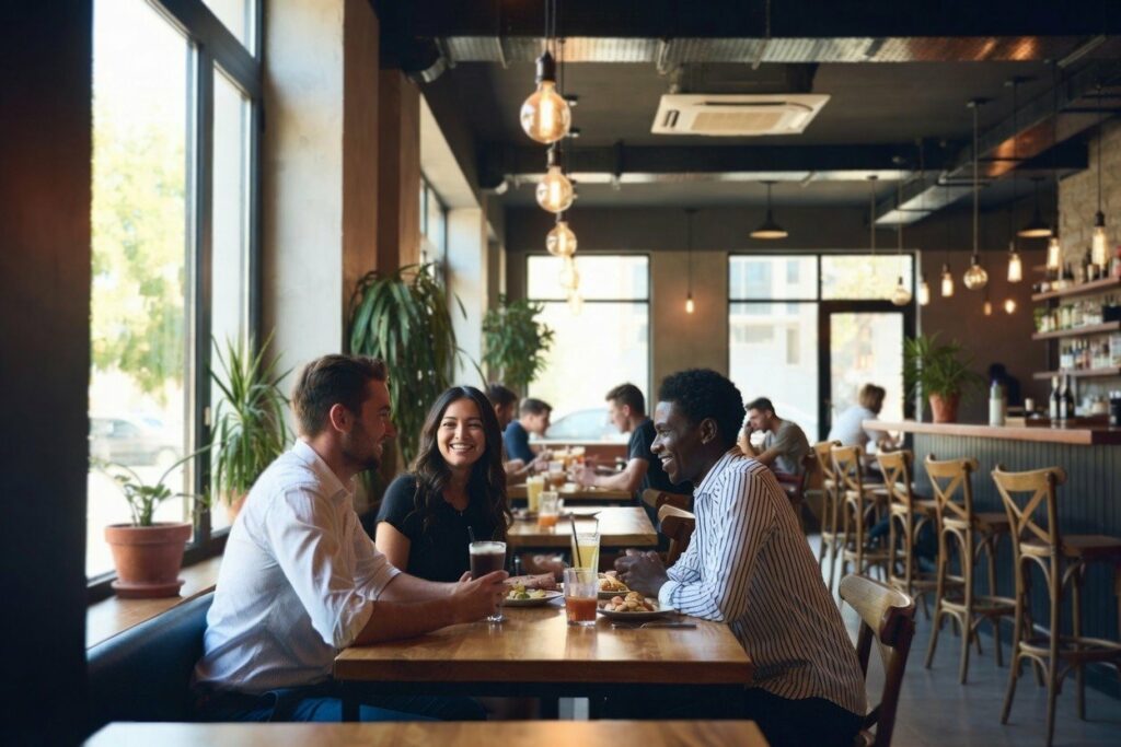 man and a woman, swingers couple, setting in a local cafe eating, drinking and chatting with a black man who is new to the lifestyle, getting to know each other - a munch date with a newcomer/ terms explained in picture