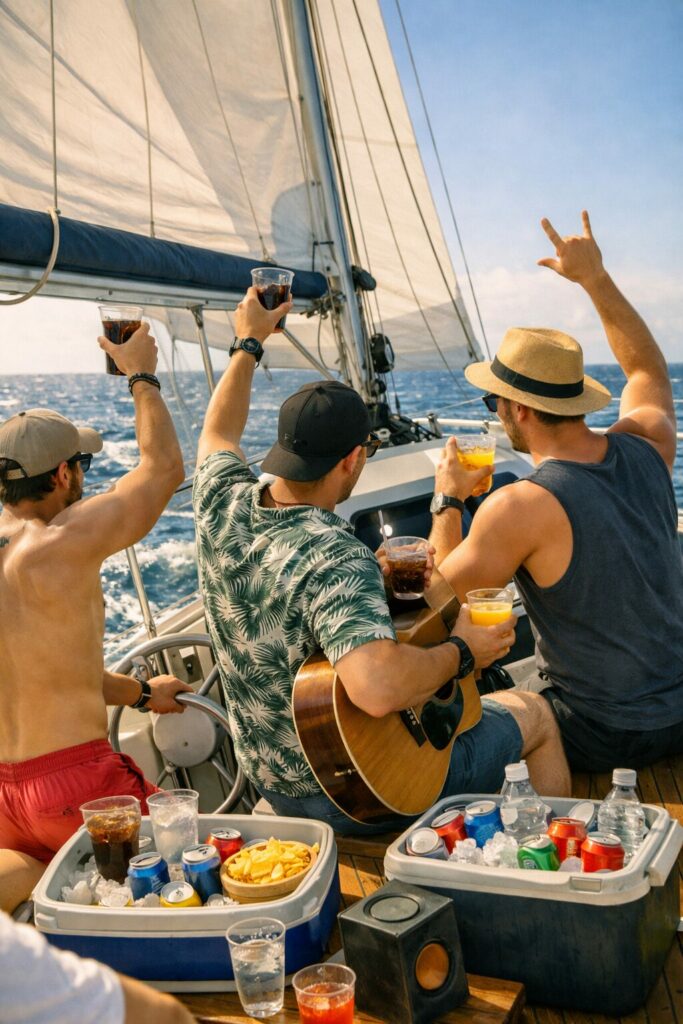 a group of gay and lgbtq+ people sailing across the ocean on a vacation