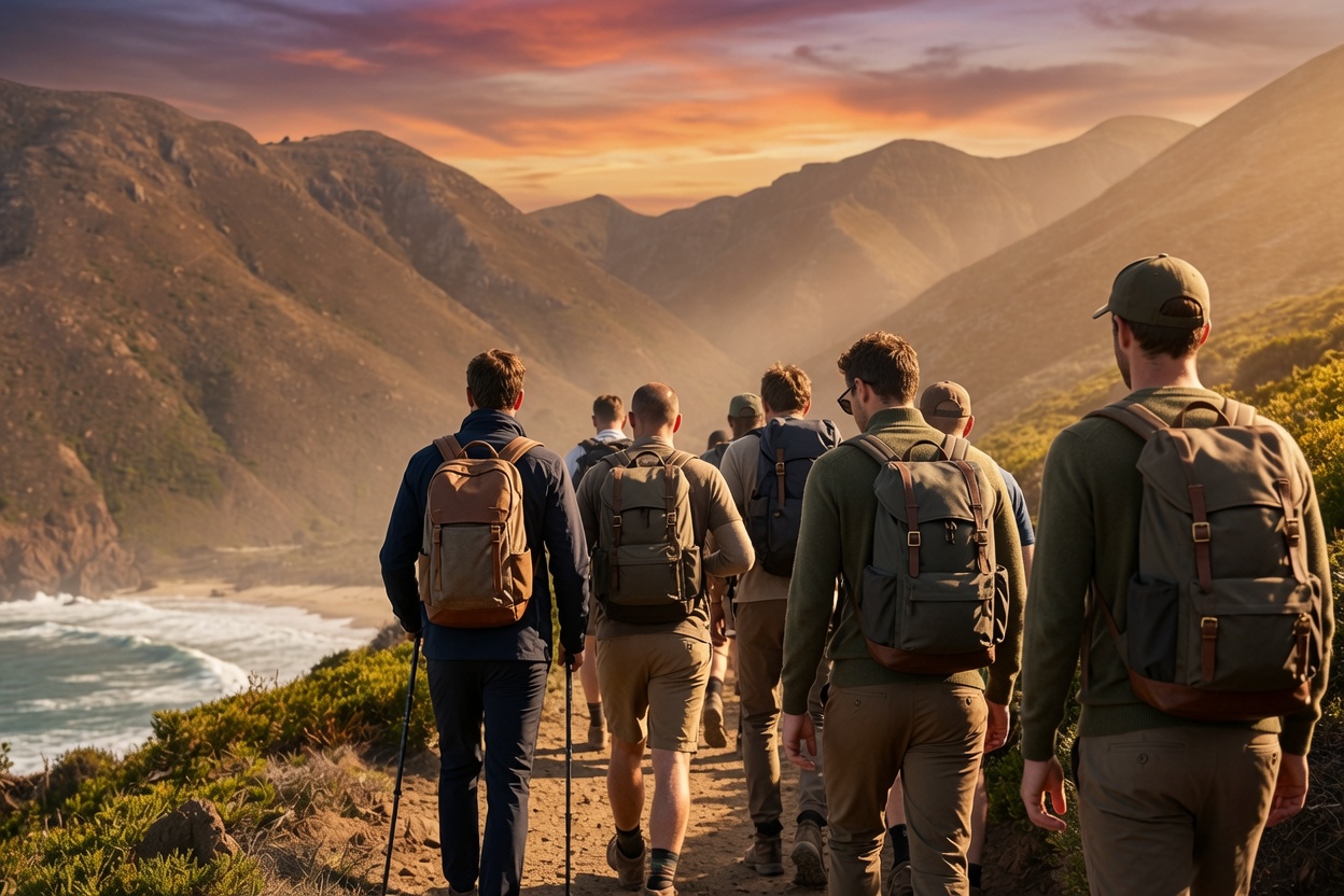 group of gay men on vacation, hiking on the mountains by the sea