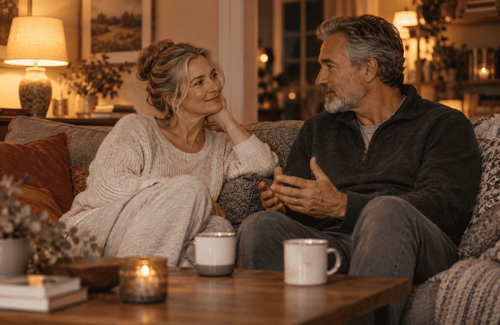Couple having a calm, honest conversation at home before deciding what feels right for them