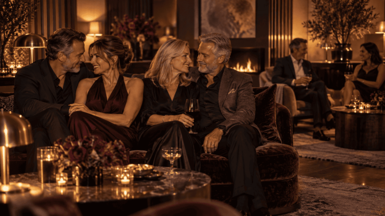 Two couples relaxing in a discreet, softly lit lounge, representing the choice between soft swap and full swap