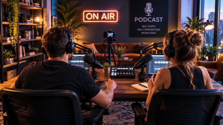 Swinger couple running a podcast in the studio