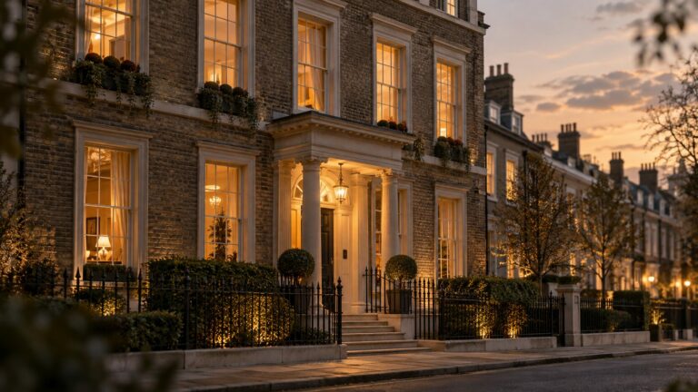 Georgian-style house exterior at dusk, representing House of Poitier swingers venue in Sutton, south London