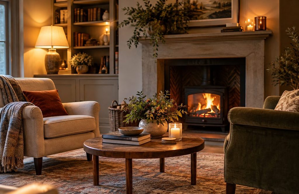 Cosy fireplace lounge area at House of Poitier, used for socialising before and between events