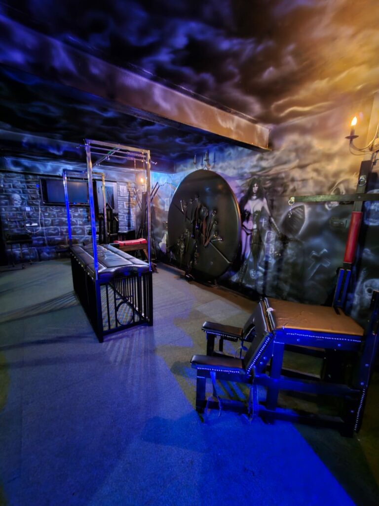 Dungeon in Pandora Swingers Clubm showing torture equipments, St.Andrews Crossand torture chair