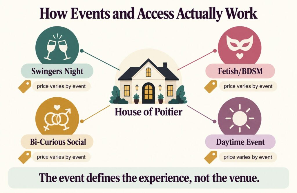 Infographic explaining how events and access work at House of Poitier: individual organisers, no membership card, and contribution-based pricing that varies by event